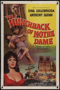 2j450 HUNCHBACK OF NOTRE DAME 1sh 1957 Anthony Quinn as Quasimodo, sexy Gina Lollobrigida!