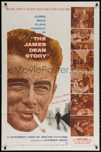 2j476 JAMES DEAN STORY 1sh 1957 cool close up smoking artwork, was he a Rebel or a Giant?