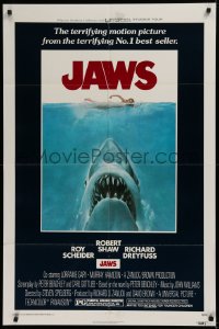 2j478 JAWS 1sh 1975 Kastel art of Steven Spielberg's classic man-eating shark attacking swimmer!