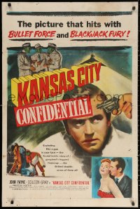 2j494 KANSAS CITY CONFIDENTIAL 1sh 1952 John Payne, Coleen Gray, bullet force & blackjack fury!