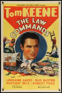 2j528 LAW COMMANDS 1sh 1937 cool western artwork montage of cowboy hero Tom Keene!