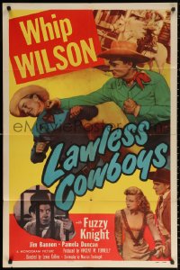 2j530 LAWLESS COWBOYS 1sh 1951 great huge image of Whip Wilson punching bad guy!