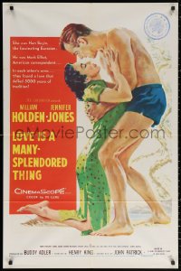 2j555 LOVE IS A MANY-SPLENDORED THING 1sh 1955 art of William Holden holding sexy Jennifer Jones!