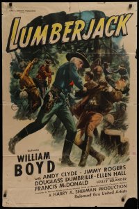 2j561 LUMBERJACK 1sh 1944 William Boyd as Hopalong Cassidy knocks out bad guy!