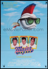 2j572 MAJOR LEAGUE 1sh 1989 Charlie Sheen, Tom Berenger, wacky art of baseball with mohawk!
