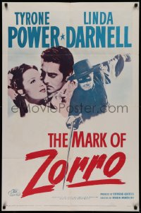2j582 MARK OF ZORRO 1sh R1958 masked hero Tyrone Power in costume & with young Linda Darnell!