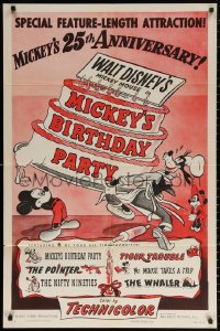 2j598 MICKEY'S BIRTHDAY PARTY 1sh 1953 Walt Disney, featuring 6 all-time cartoon favorites, rare!