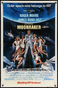 2j621 MOONRAKER advance 1sh 1979 Goozee art of Moore as James Bond, sexy Lois Chiles & Richard Kiel!