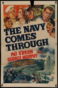 2j647 NAVY COMES THROUGH 1sh 1942 sailors Pat O'Brien, George Murphy, Desi Arnaz, cool WWII art!