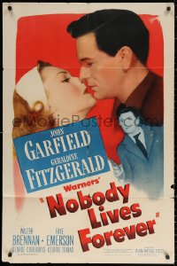 2j664 NOBODY LIVES FOREVER 1sh 1946 John Garfield with gun & kissing Geraldine Fitzgerald!