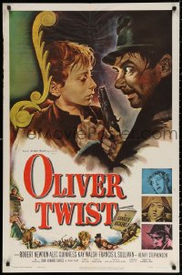 2j678 OLIVER TWIST 1sh 1951 cool art of Robert Newton threatening Davies, directed by David Lean!