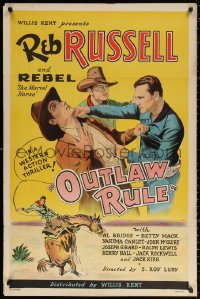 2j691 OUTLAW RULE 1sh 1935 Reb Russell, Rebel The Marvel Horse, cool fighting artwork!