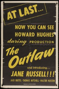 2j689 OUTLAW teaser 1sh 1946 at last, now you can see Howard Hughes' daring production, rare!