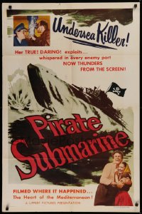 2j714 PIRATE SUBMARINE 1sh 1952 WWII, cool artwork of sub, true, daring undersea exploits!