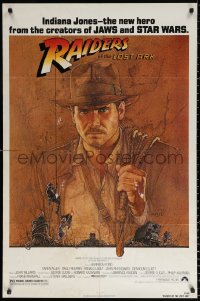 2j734 RAIDERS OF THE LOST ARK 1sh 1981 Richard Amsel art of Harrison Ford, Steven Spielberg!