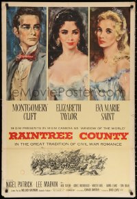 2j735 RAINTREE COUNTY 1sh 1957 art of Montgomery Clift, Elizabeth Taylor & Eva Marie Saint!