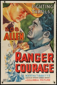 2j738 RANGER COURAGE 1sh 1936 great art of cowboy Bob Allen grabbing bad guy by the shirt!