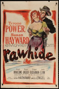 2j740 RAWHIDE 1sh 1951 great art of Tyrone Power trying to restrain pretty Susan Hayward!