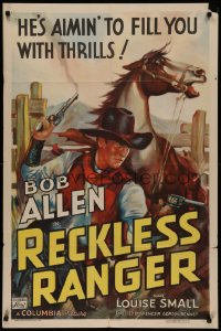2j743 RECKLESS RANGER 1sh 1937 western cowboy Bob Allen is aiming to fill you with thrills!