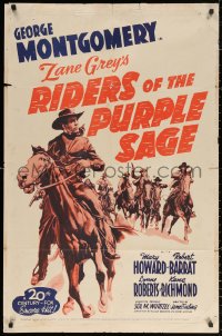 2j758 RIDERS OF THE PURPLE SAGE 1sh R1954 George Montgomery on horse & romancing girl, Zane Grey