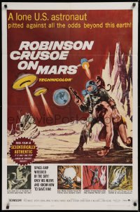 2j769 ROBINSON CRUSOE ON MARS 1sh 1964 cool sci-fi art of Paul Mantee & his man Friday!