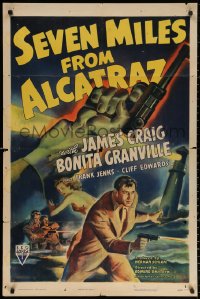 2j797 SEVEN MILES FROM ALCATRAZ 1sh 1942 cool art of James Craig escaping prison with gun!