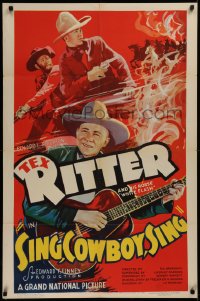 2j810 SING COWBOY SING 1sh 1937 Tex Ritter with guitar & his horse White Flash, ultra-rare!