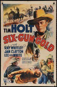 2j811 SIX-GUN GOLD 1sh 1941 cool art of cowboy Tim Holt pointing gun & fighting bad guys!