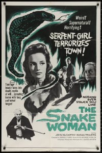 2j815 SNAKE WOMAN 1sh 1961 sexy serpent-girl Susan Travers terrorizes town, cool art!