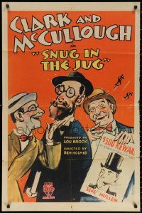 2j817 SNUG IN THE JUG 1sh 1934 art of wacky RKO comedy duo Bobby Clark and Paul McCullough, rare!