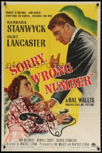 2j825 SORRY WRONG NUMBER 1sh 1948 Burt Lancaster smacks the phone from Barbara Stanwyck!