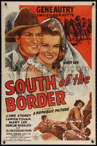 2j826 SOUTH OF THE BORDER 1sh R1940s Gene Autry, Smiley Burnette & pretty June Storey!