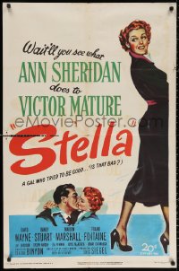 2j845 STELLA 1sh 1950 full-length art of sexy Ann Sheridan trying to be good to Victor Mature!