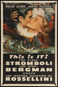 2j851 STROMBOLI 1sh 1950 Ingrid Bergman, directed by Roberto Rossellini, cool volcano art!