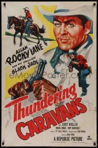 2j917 THUNDERING CARAVANS 1sh 1952 great artwork of cowboy Rocky Lane w/smoking gun & Black Jack!