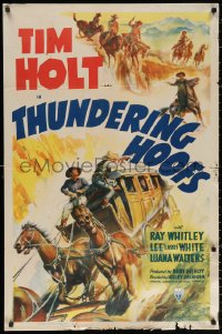 2j918 THUNDERING HOOFS 1sh 1941 cool art of cowboy Tim Holt on horse chasing stagecoach!