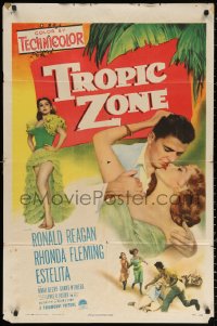 2j943 TROPIC ZONE 1sh 1953 art of Ronald Reagan romancing Rhonda Fleming + sexy Estelita!