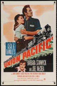 2j950 UNION PACIFIC 1sh R1958 Cecil B. DeMille, Barbara Stanwyck, Joel McCrea & cool train art!