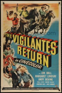 2j955 VIGILANTES RETURN 1sh 1946 Jon Hall, Margaret Lindsay & Andy Devine, cool western art!