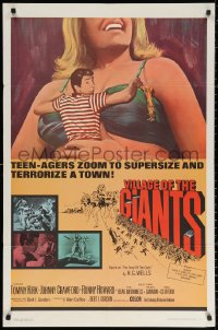 2j956 VILLAGE OF THE GIANTS 1sh 1965 classic image of boy in gigantic sexy girl's cleavage!