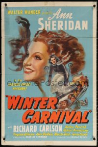 2j981 WINTER CARNIVAL 1sh 1939 Ann Sheridan, Carlson & Helen Parrish, snow sports, ultra-rare!