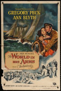 2j987 WORLD IN HIS ARMS 1sh 1952 Reynold Brown art of Gregory Peck & Ann Blyth, Rex Beach novel!