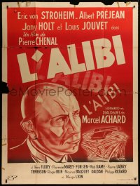 2k420 ALIBI French 1p R1950s Jacques Bonneaud art of Erich von Stroheim with cash & gun!