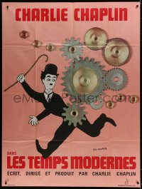 2k768 MODERN TIMES French 1p R1970s Leo Kouper art of Charlie Chaplin running by giant gears!