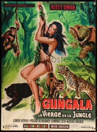 2k966 VIRGIN OF THE JUNGLE French 1p 1967 art of sexy near-naked Kitty Swan swinging on vine!