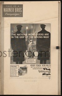 2k114 WRONG MAN pressbook 1957 Henry Fonda, Vera Miles, Alfred Hitchcock crime thriller!