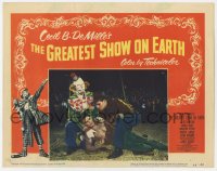 2m479 GREATEST SHOW ON EARTH LC #8 1952 Charlton Heston & clown James Stewart help Cornel Wilde!