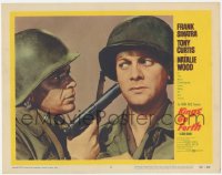 2m551 KINGS GO FORTH LC #2 1958 close up of soldier Frank Sinatra with gun at Tony Curtis' head!