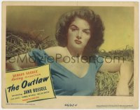 2m696 OUTLAW LC 1946 best portrait of sexy barely-dressed Jane Russell in hay, Howard Hughes