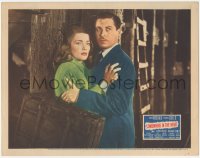 2m815 SOMEWHERE IN THE NIGHT LC 1946 John Hodiak with suitcase holding frightened Nancy Guild!